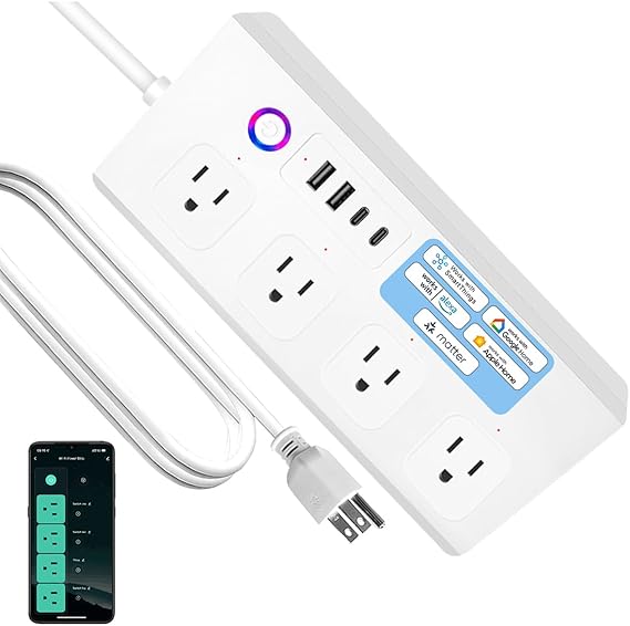 Matter Smart Power Strip,Works with Apple HomeKit, Siri, Alexa, Google Assistant, with 4 Individually Controlled AC Outlets & 2 USB 2 Type-C Ports
